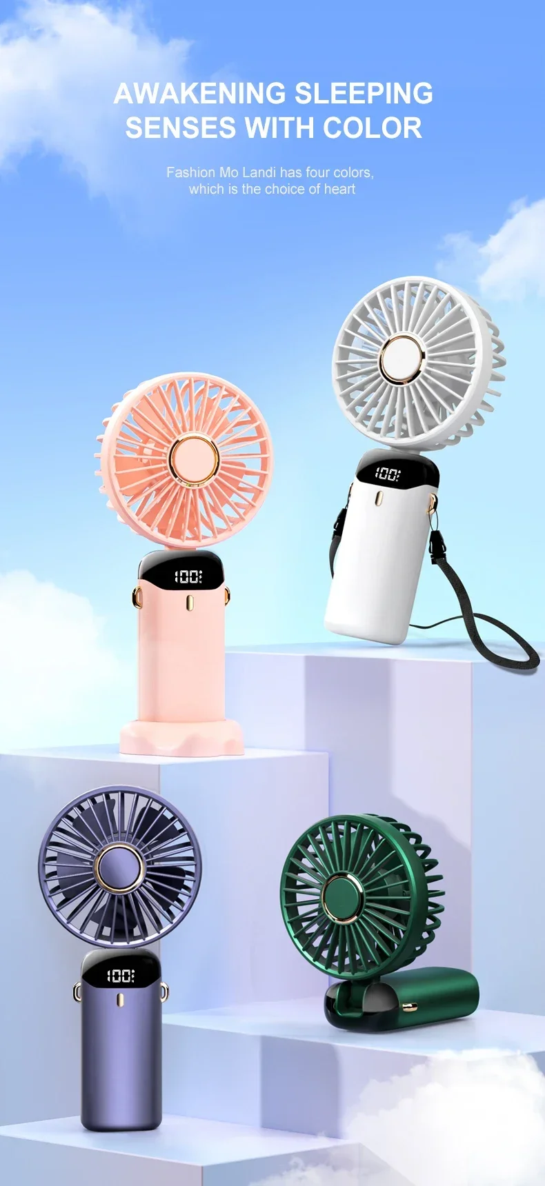 Handheld Mini Fan Foldable Portable Neck Hanging Fans 5 Speed USB Rechargeable Fan with Phone Stand and Display Screen 1800mAh - Image 14